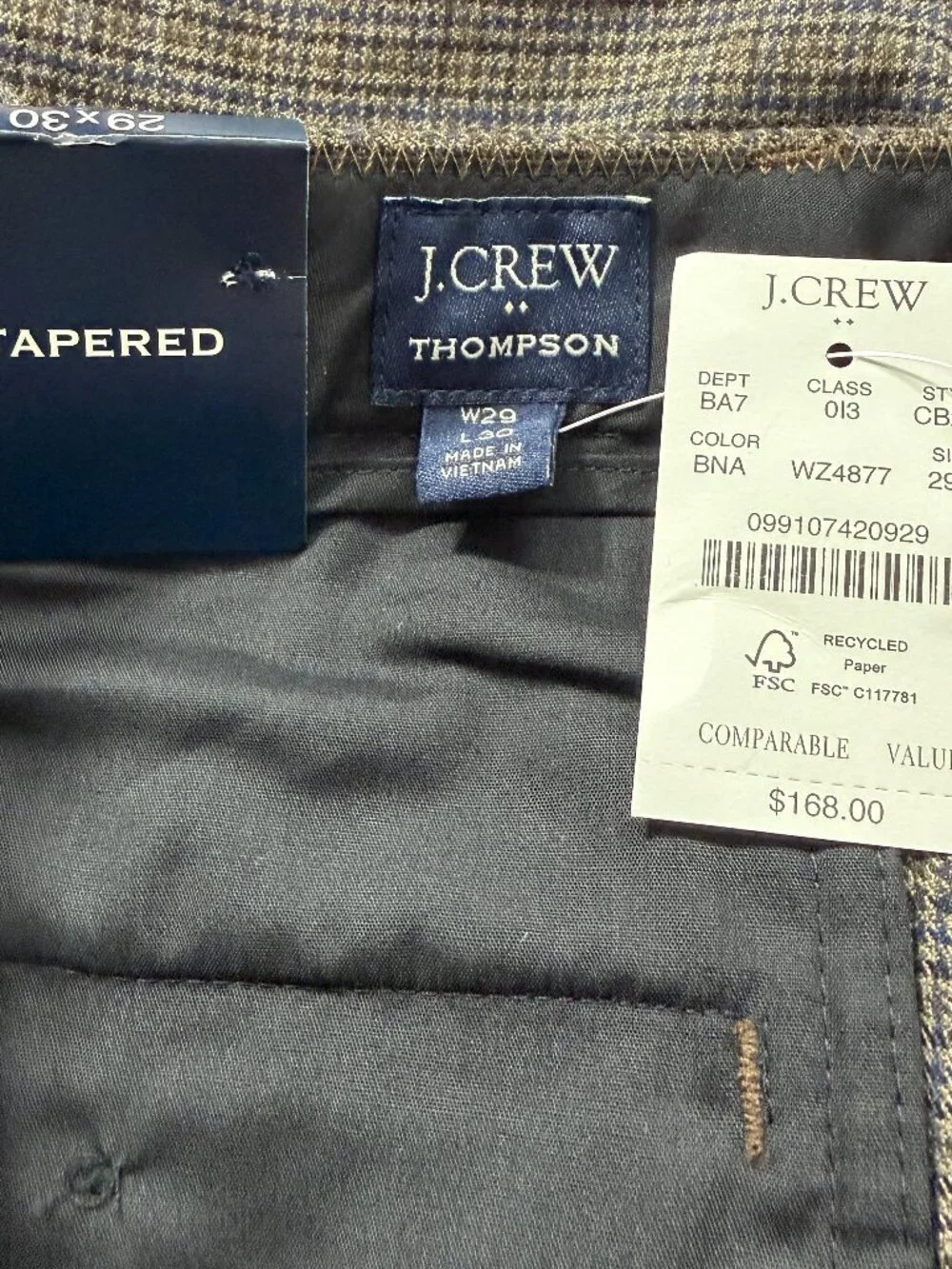 J.Crew Thompson Dress Pants Men 29x30 Brown Houndstooth Tapered Stretch NWT